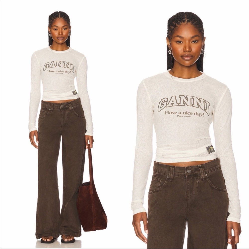 $215 Long Sleeve Ganni semi sheer base layer graphic tee top